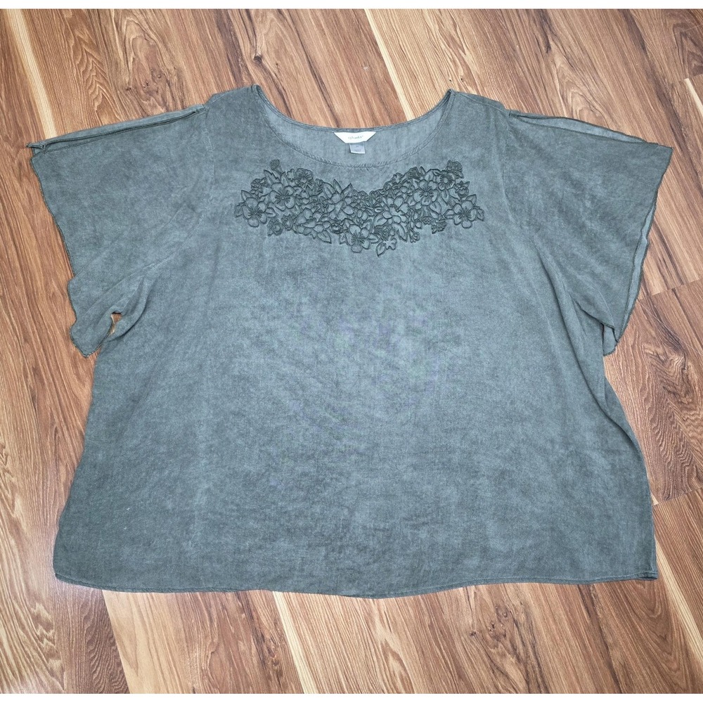 CJ Banks Tunic Shirt Womens Plus 3X‎ Green Floral Embroidered Dolman Top Boho